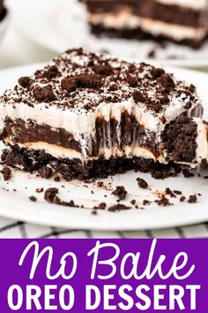 no bake oreo dessert on a white plate with the title in purple overlay