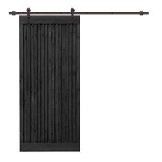 an open sliding door with black wood slats and metal bars on the bottom, against a white background