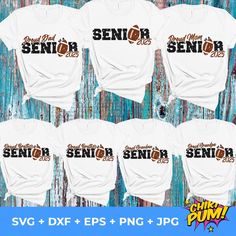 six t - shirts with the words senior and senior on them in brown, white, and