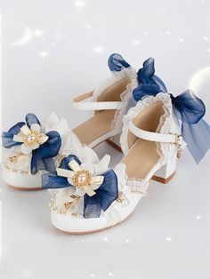 Floral Design Rhinestones Beaded Dark Blue Lolita Shoes Embellished Round Toe Summer Wedding Shoes, Embellished Round Toe Wedding Shoes For Summer, Baby Blue Heels, Blue Platform Shoes, Accessories Design Sketch, Pink Platform Heels, Neat Casual Outfits, Fairy Shoes, Princess Shoes