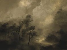 a painting with trees in the foreground and dark clouds in the backgroud