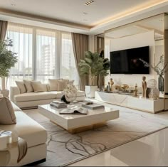 a living room filled with furniture and a flat screen tv mounted to the side of a wall