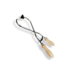 a pair of tongs with wooden handles on a white background