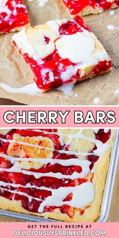 A perfect Christmas dessert recipe to bring to a party! Your Thanksgiving dessert ideas also must have these cherry pie bars. So pretty and delicious, these cherry bars for a crowd are sure to be a hit! Cherry Dream Bars, Kabasa Recipes, Dole Recipes, Cherry Pie Bars, Cherry Bars, Sandwhich Recipes, Dream Bars, Drumstick Recipes, Cherry Desserts