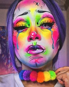 #fashion, #style, #outfitinspiration, #beauty Pop Art Clown Makeup, Face Paint Art Makeup, Crazy Face Paint, Uv Clown Makeup, Neon Clown Makeup, Cool Face Paint Ideas, Sfx Makeup Looks, Neon Makeup Looks, Angry Birds Game