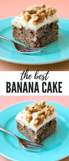 the best banana cake recipe is made with bananas, cream cheese and walnuts on top