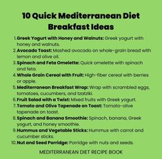 the 10 quick mediterraneanan diet breakfast ideas on a green background with text overlay