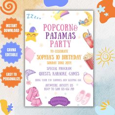 an image of a birthday party with popcorn and pajama's on it