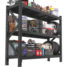 a metal shelf filled with lots of different types of tires and other items on top of it