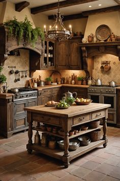 a kitchen with an island in the middle and lots of potted plants on it