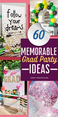 a collage of photos with the words, memorable graduation party ideas and balloons in different colors