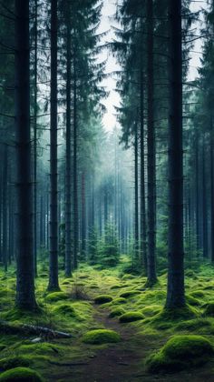 a path in the middle of a forest with lots of green moss growing on it