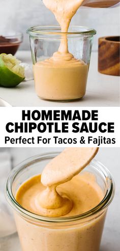 homemade chipotle sauce in a glass jar with a wooden spoon being drizzled over it