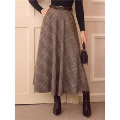 Designed With An Ultra High Waist And A Flattering Flared Silhouette, This Skirt Exudes Timeless Elegance. The Geometric Plaid Pattern Adds A Classic Touch, While The Belted Detail Enhances Your Waistline. Featuring A Convenient Zipper And Pockets, This Long Skirt Combines Practicality With Sophistication. Crafted From Non-Stretch Woven Fabric, It Offers A Comfortable And Loose Fit, Making It A Versatile Addition To Your Wardrobe For Any Occasion! Fall Office Skirted Bottoms, Non-stretch Skirt For Office In Fall, Skirted Bottoms For Workwear In Fall, 1920s Skirts, Non-stretch Skirt For Fall Workwear, Non-stretch Office Skirt For Fall, 1920s Skirt, Retro Plaid Flared Skirt, Retro Plaid Lined Skirt Bottoms