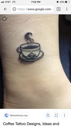 a small tattoo on the ankle of a woman with a cup of coffee in it