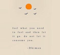 an orange sun and some birds flying in the sky with a quote on it that says, feel what you need to feel and then let it go do not let consume