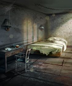 a room with a bed, desk and lamp on it's side in front of a brick wall