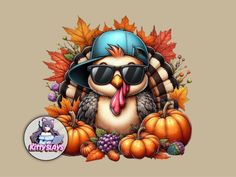 an image of a turkey wearing sunglasses and a hat with pumpkins on it's head