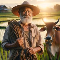 an old man standing in front of a cow