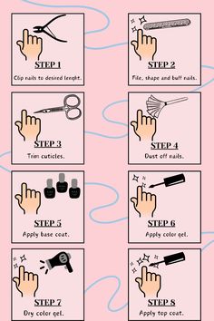 💅 Nail Glam in 6 Steps! 💖 Step 1: Trim & Shape Step 2: Tidy Cuticles Step 3: Dust Off ✨ Step 4: Base Coat Love Step 5: Gorgeous Gel Hue Step 6: Seal with Top Coat 🌟 Achieve salon-worthy nails at home! #NailCare #DIYNails #NailArt Best Gel Base And Top Coat, How To Apply Nail Polish Step By Step, At Home Gel Nails Tips, Gel X Nails Step By Step, Nail Supply List For Beginners, Steps To Do Acrylic Nails, Acrylic Step By Step Nails, Basic Manicure Steps, Nails Acrylic Step By Step