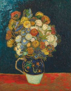 a painting of flowers in a vase on a table