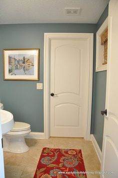 a bathroom with blue walls and a white door