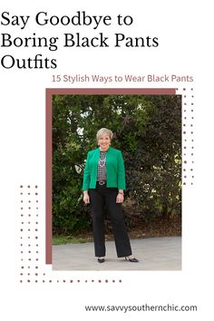 Bored to death with black pants outfits? Head to the blog to see 15 creative ways to wear black pants. These office outfits for women are far from boring. work wear/ fashion over 40 Black Slacks Outfit Dressy, Black Pants Outfits, Black Trouser Outfit, Black Slacks Outfit, Work Wear Fashion, Style Black Pants, Degree Outfit, Green Jacket Outfit, Slacks Outfit