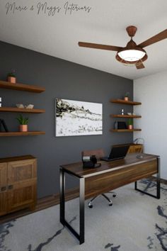 a computer desk sitting under a ceiling fan