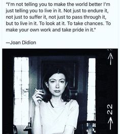 a woman sitting at a table in front of a window with the words joan didion on it