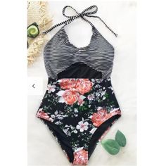 New Without Tags Cupshe Secret Fragrance Print One Piece Swimsuit Black And White Micro Stripe Halter Top Center Cut Out Floral Print Highwaisted Bottom Fully Lined Removable Cup Padding Moderate Bottom Coverage Women's L (Bust: 38.5-40.5", Waist: 30.5-32.5", Hip: 39.5-41.5", Cup Size: 36c, 36d, 38a, 38b, 38c) Trendy One-piece For Spring Vacation, Trendy One Piece For Spring Vacation, Trendy Spring Vacation One-pieces, Black Printed Swimwear For Summer, Summer Black Printed Swimwear, Black Summer Bodysuit For Beach Party, Black Halter Neck Bodysuit For Summer, Black One-piece For Vacation Beach Season, Black One-piece For Beach Vacation