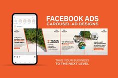 the facebook ad is displayed on an orange background with text that reads facebook ads carouseled designs take your business to the next level