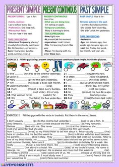 the present simple present continuous past simple worksheet for grade 1 students with pictures