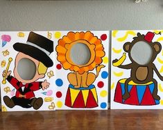 three paintings of cartoon characters painted on canvases, one with a clown and the other with a monkey