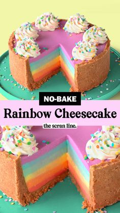 no - bake rainbow cheesecake with sprinkles on the top and bottom