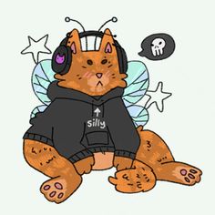 a cat with headphones sitting on the ground wearing a shirt that says silly in front of it