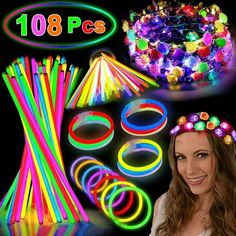 the girl is posing with her glow bracelets and hair accessories