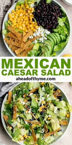 mexican caesar salad with black beans, corn and avocado