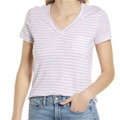 Light Purple Stripe Pocket Cotton Tee From Caslon In A Size Small. Brand: Caslon Market: Women's Size: Small Color: Purple, White Retail Price: $45.00 Style: Pullon, Short Sleeve, Chest Pocket, V-Neck, Tee, T-Shirt Material: 60" Cotton, 40% Modal Condition: Brand New With A Sliver Of A Tag, No Flaws Size Small 18" Chest 28" Length Grab This Size Small Purple Short Sleeve Pocket Tee T-Shirt Now, Animal Print T Shirts, Pocket Tee Shirts, Yellow Tees, Ladies Tee Shirts, Yellow Shorts, Striped Sleeve, Pocket Tee, Striped Tee, Striped Shorts