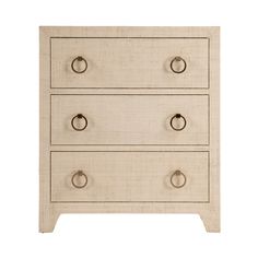 a white dresser with three drawers and two handles