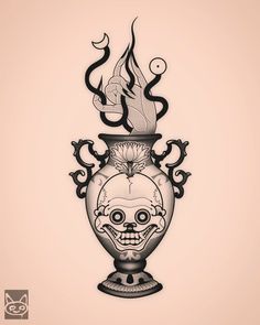 a drawing of a skull in a vase with flames coming out of the top and bottom