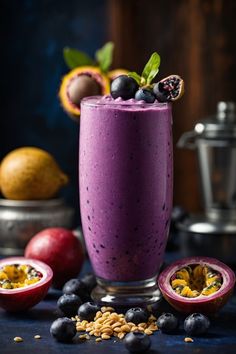 a purple smoothie with blueberries and other fruits