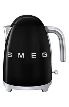 an electric kettle with the word smeg on it's front and side panels