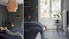 two pictures of a bedroom with green walls and blue bedding, one has a wicker basket hanging from the ceiling