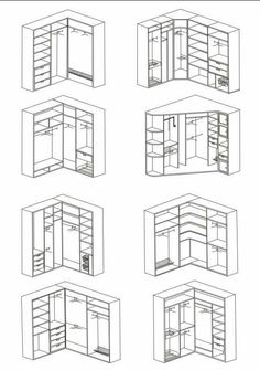 six different types of cupboards with doors and drawers in the same section, all drawn by hand