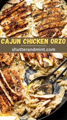 chicken and pasta in a skillet with lemon wedges on the side text reads cajun chicken orzo