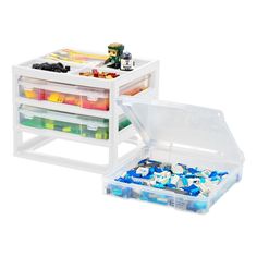 two plastic storage containers filled with legos