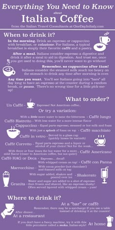 a purple poster with different types of coffee