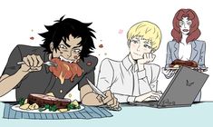 three people sitting at a table eating food and one person on a laptop with a knife in his mouth