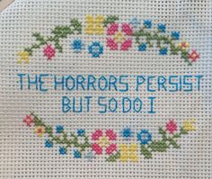 a cross stitch pattern with the words, the horror's priest but 50001