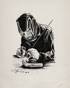 a black and white drawing of a person with a mask on cutting something off of a piece of paper